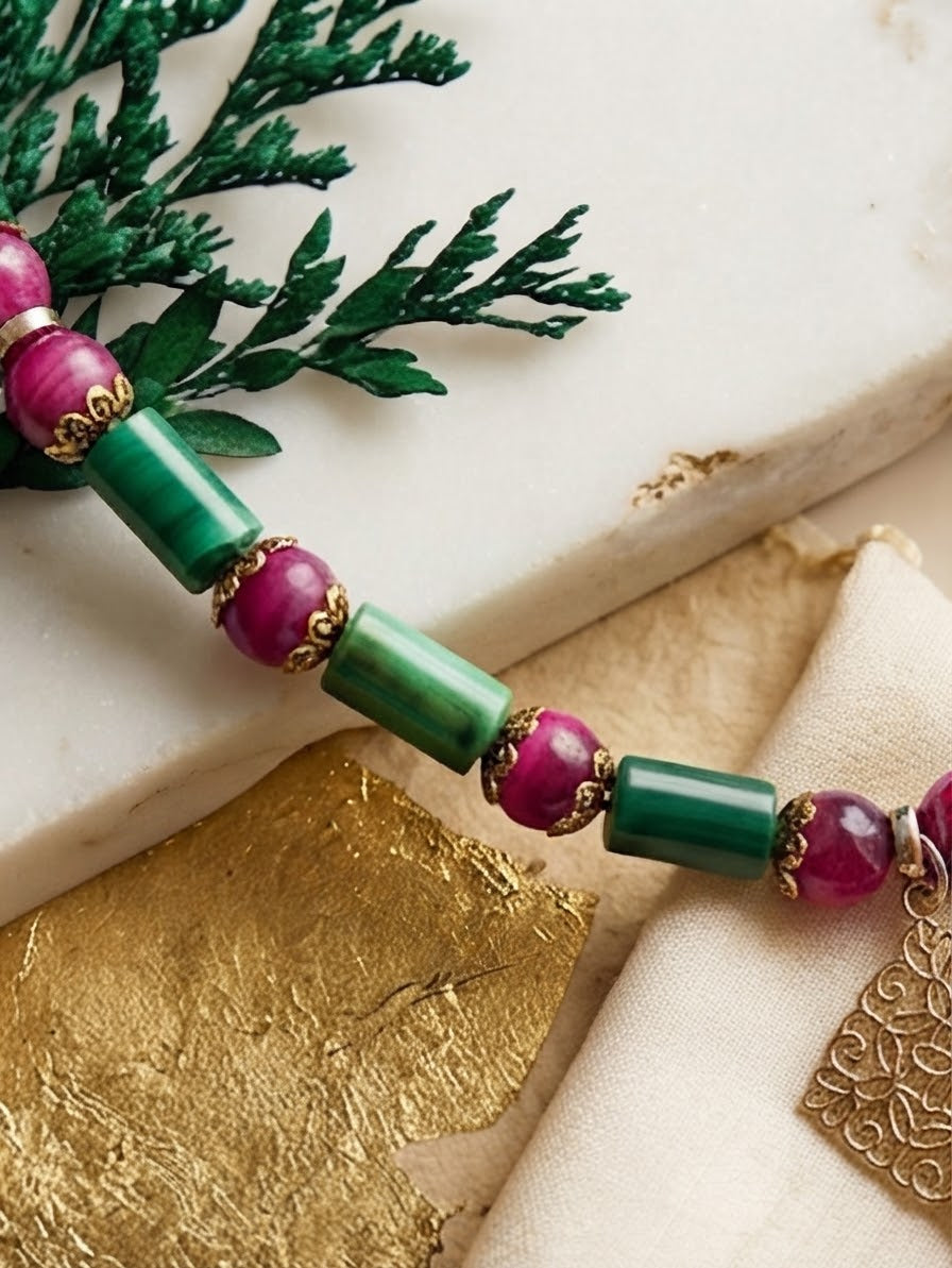 Collier en Malachite, Fushia Agate et Filigrane