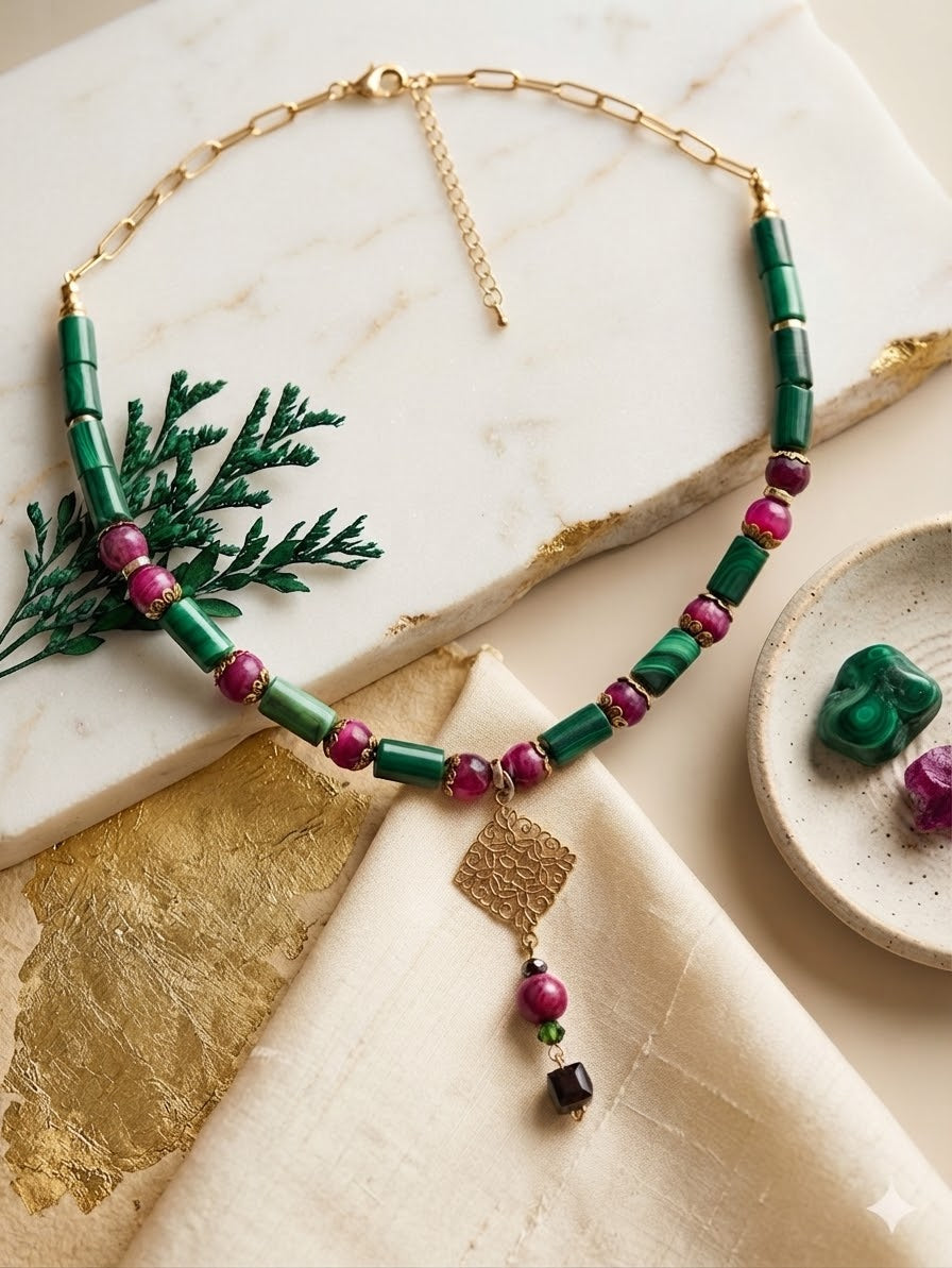 Collier en Malachite, Fushia Agate et Filigrane