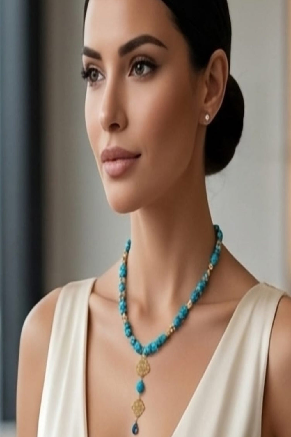 Collier turquoise porté avec robe blanche
