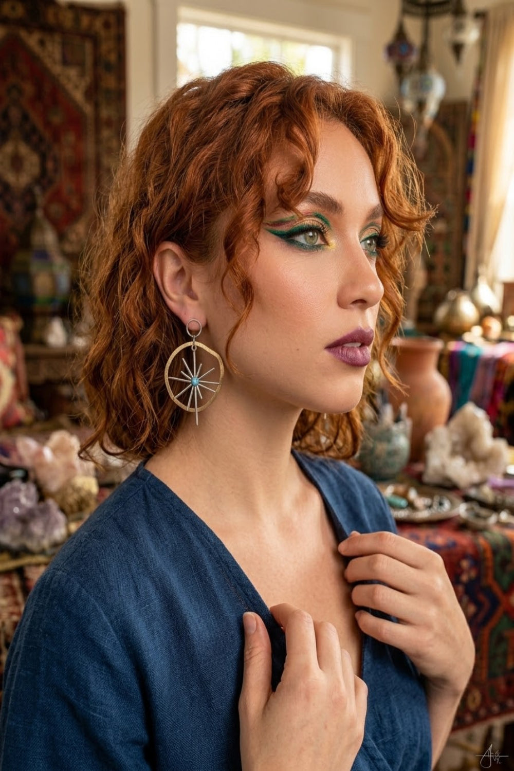 Boucles d'oreilles Asymétriques Étoile de Mer et Turquoise en Argent et Laiton