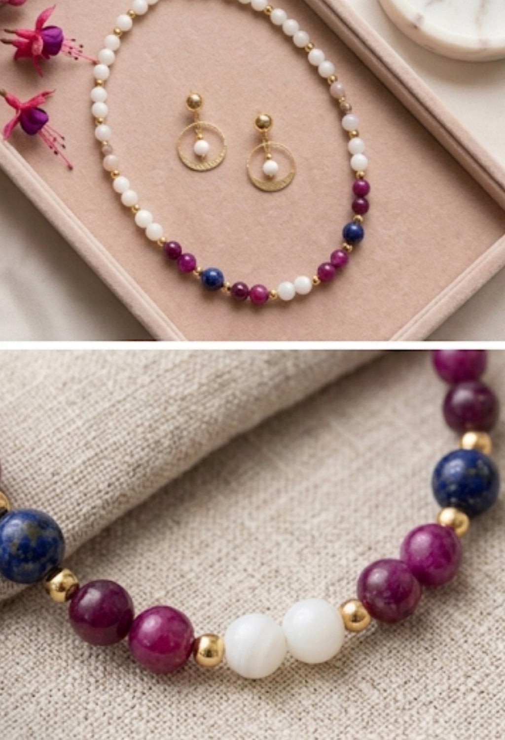 Collier artisanal en pierres fines : Lapis-lazuli, Agate fushia et Perles blanches