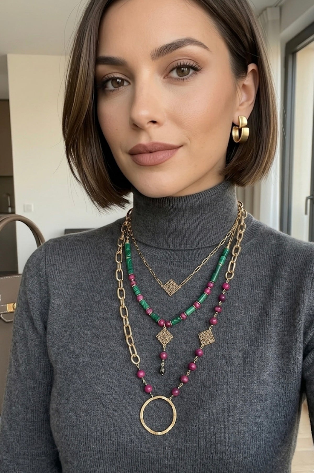 Collier Sautoir "Amaryllis" en Agate Fuchsia