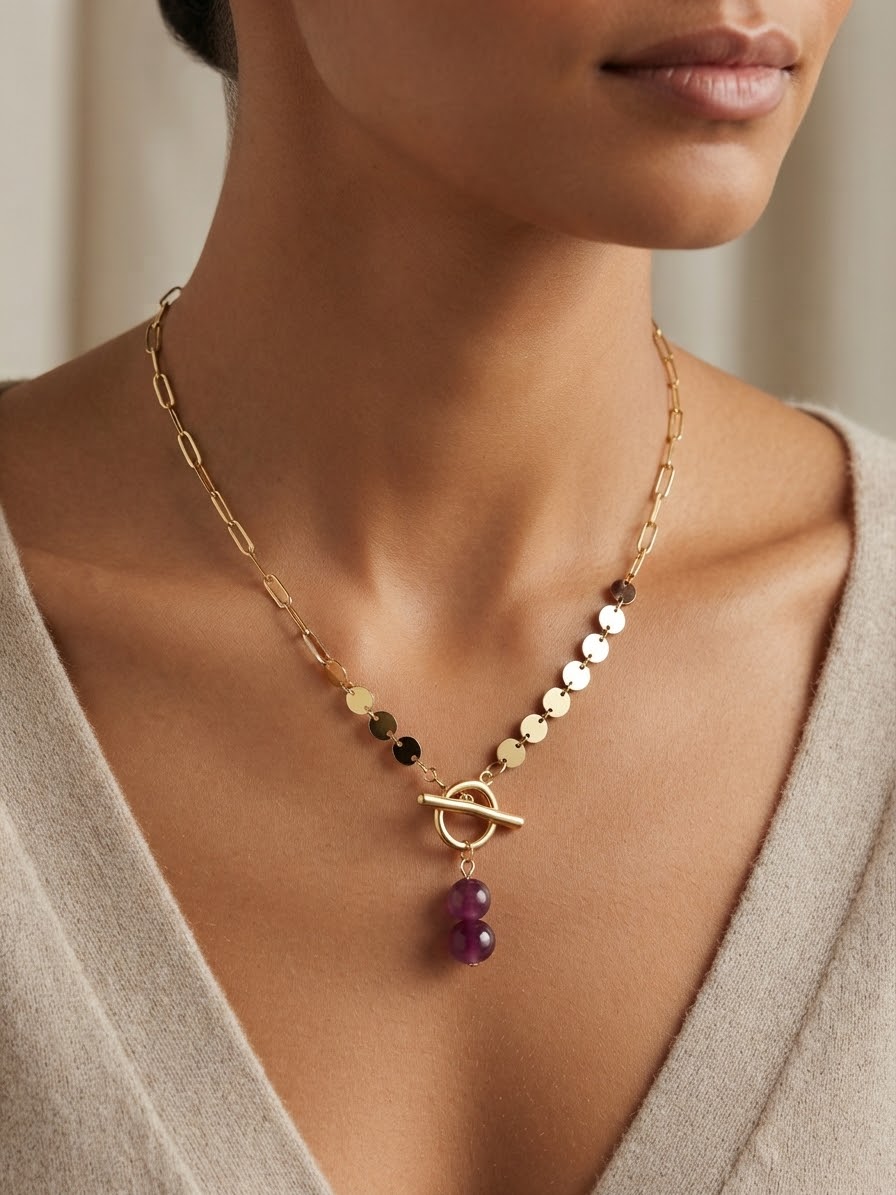 Collier Aura Fuschia en Agate Naturelle et Chaîne Inoxydable