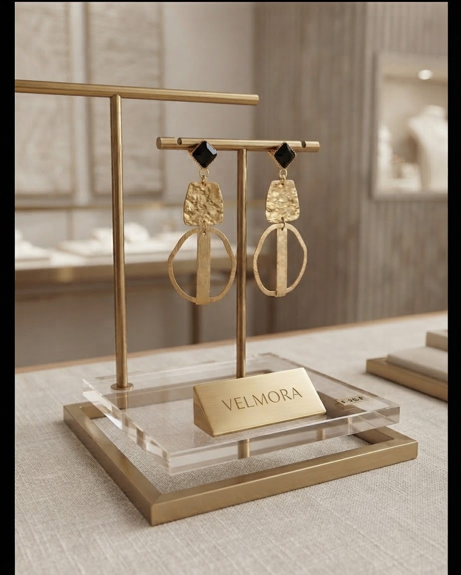 Boucles d'oreilles pendantes géométriques Velmora – Or brossé et pierre noire