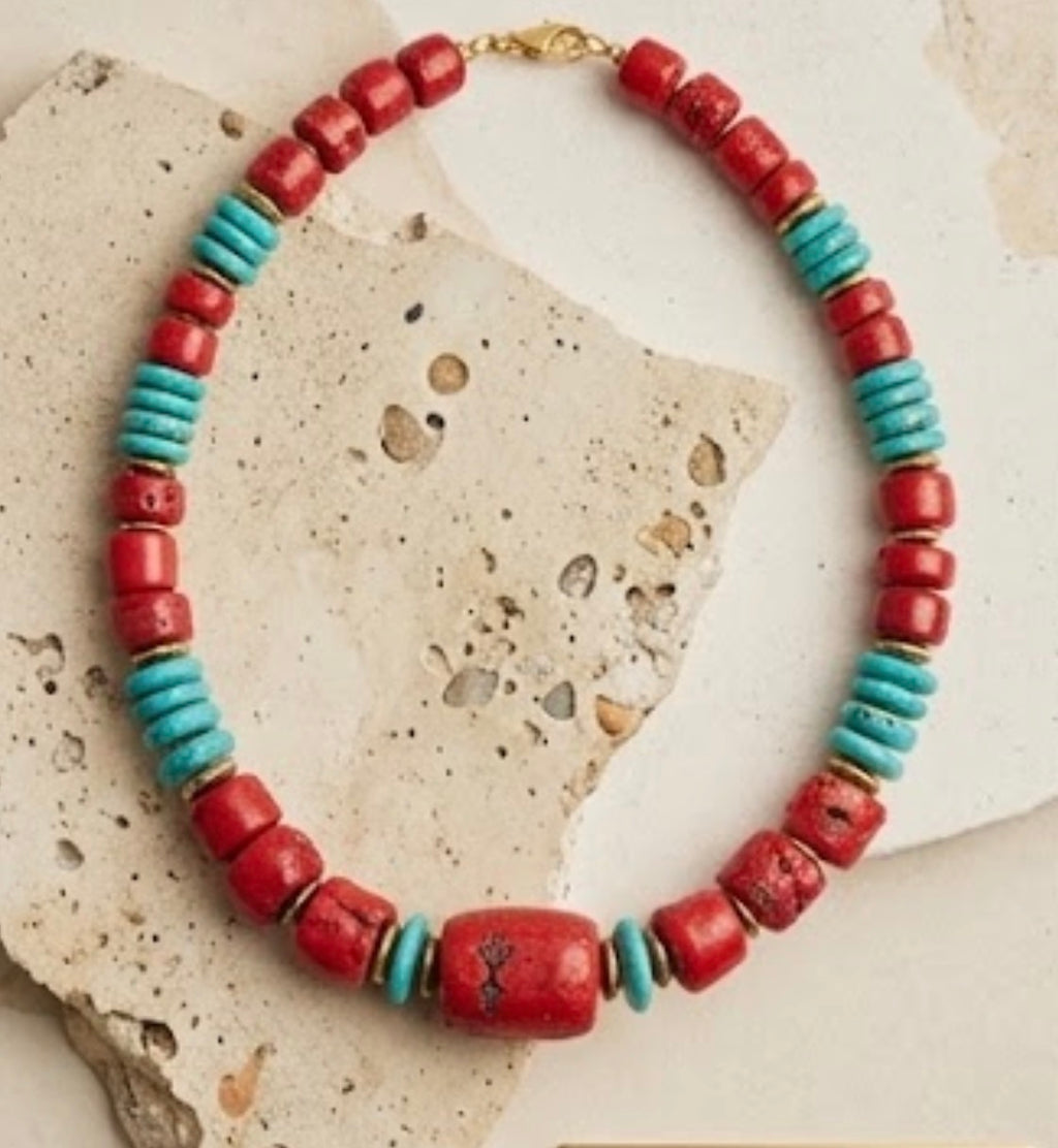 Collier Pierre de Lave & Turquoise — Anneaux Dorés