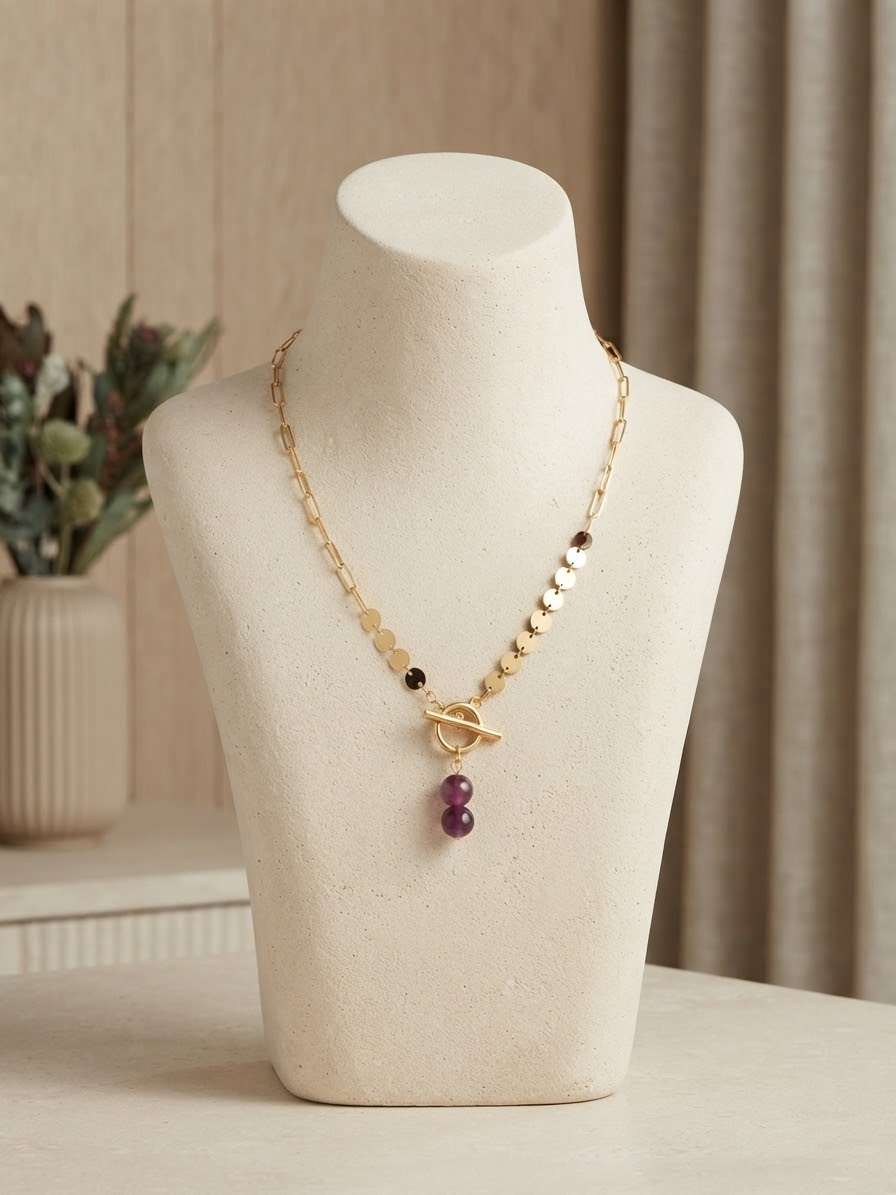 Collier Aura Fuschia en Agate Naturelle et Chaîne Inoxydable
