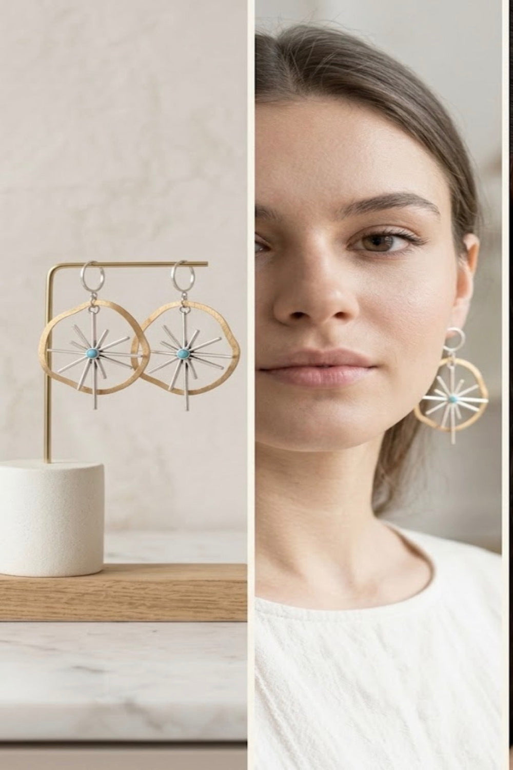 Boucles d'oreilles Asymétriques Étoile de Mer et Turquoise en Argent et Laiton