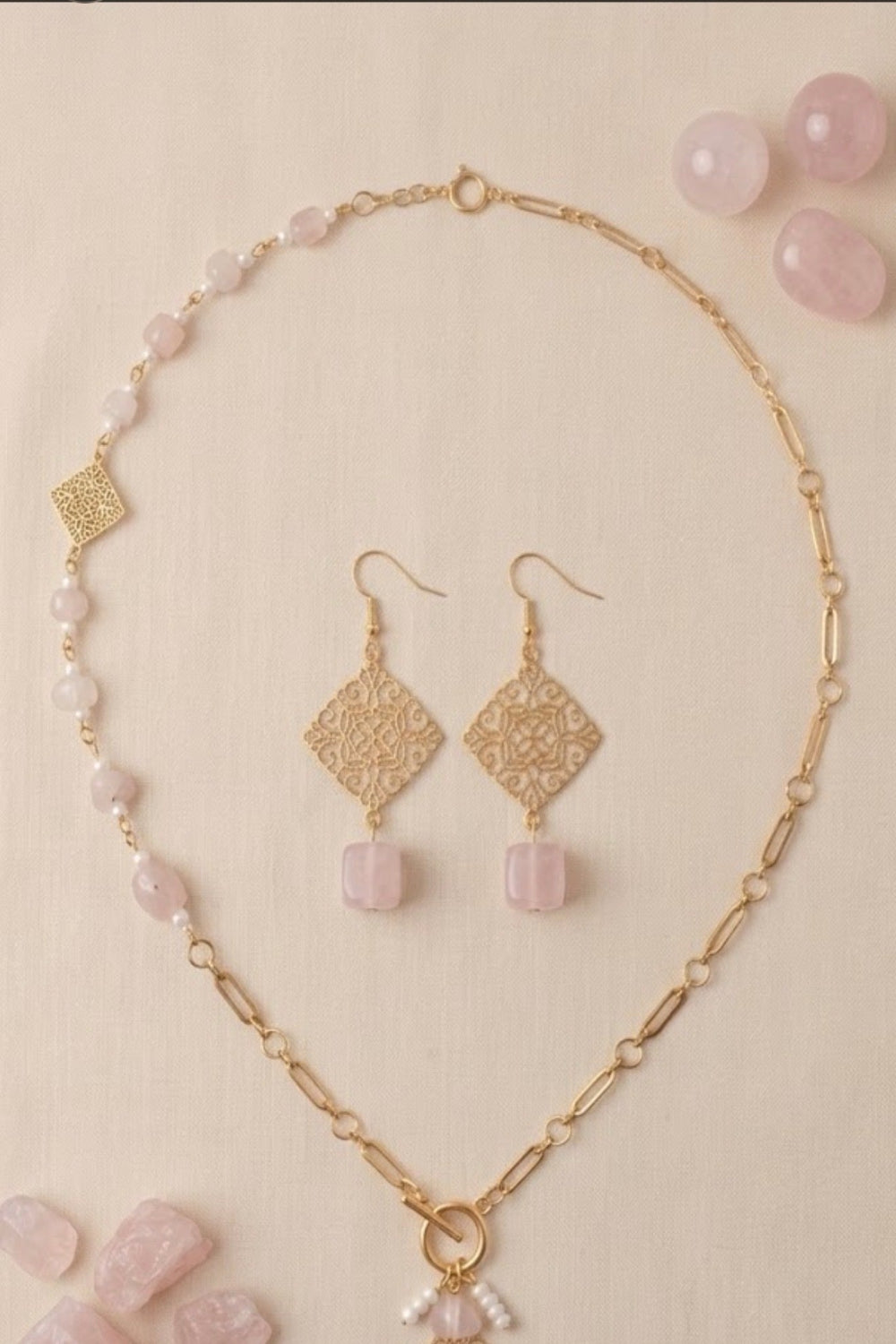 Parure Quartz Rose & Filigrane Doré