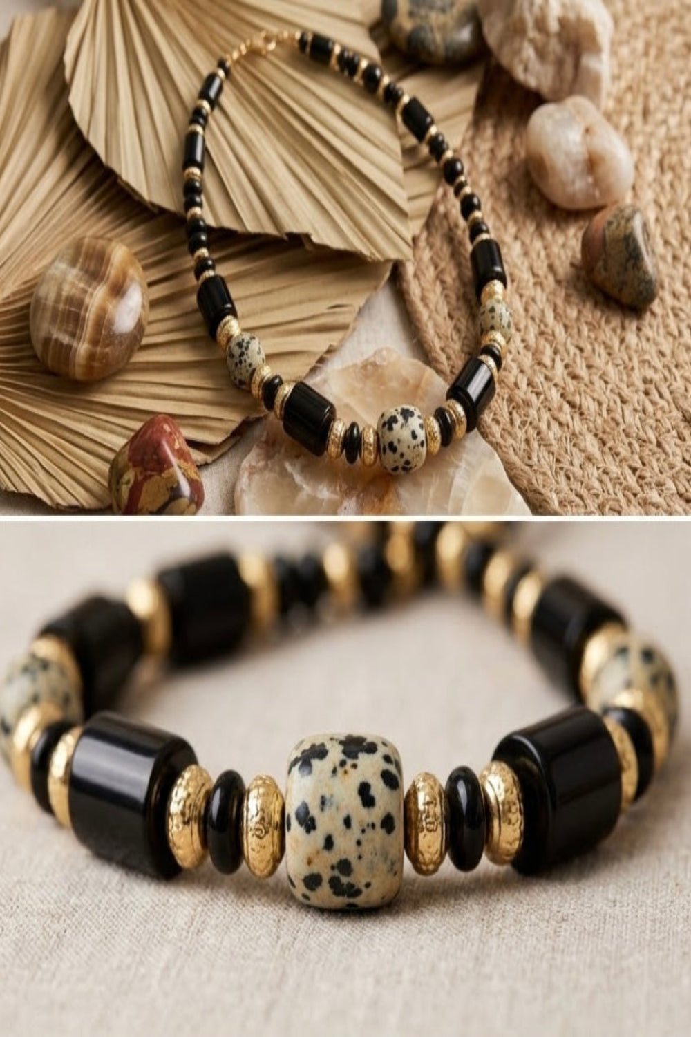 Collier onyx noir porté avec mise en scène naturelle